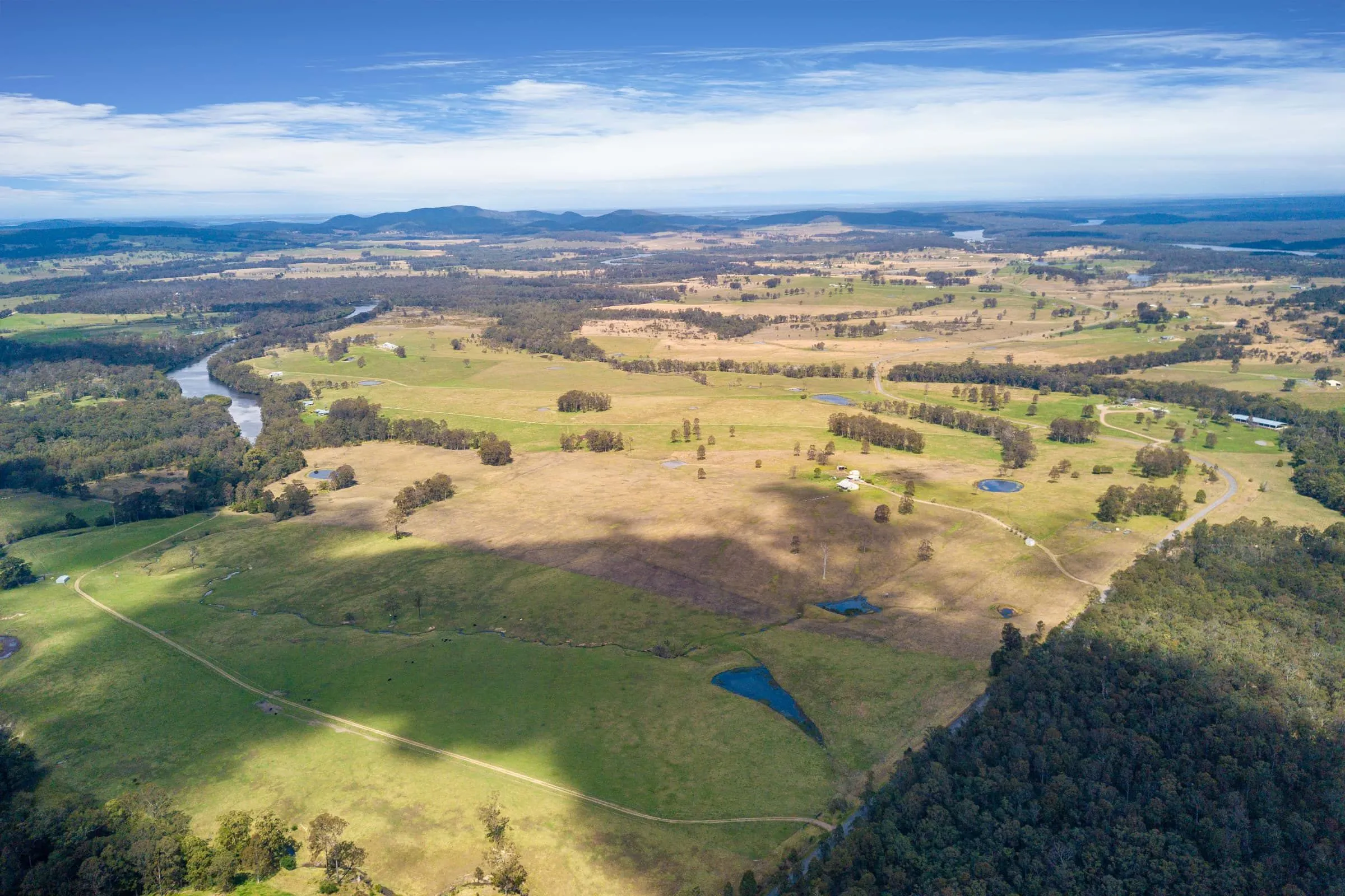 The Branch River bend below the homestead, seen from above after the February rain